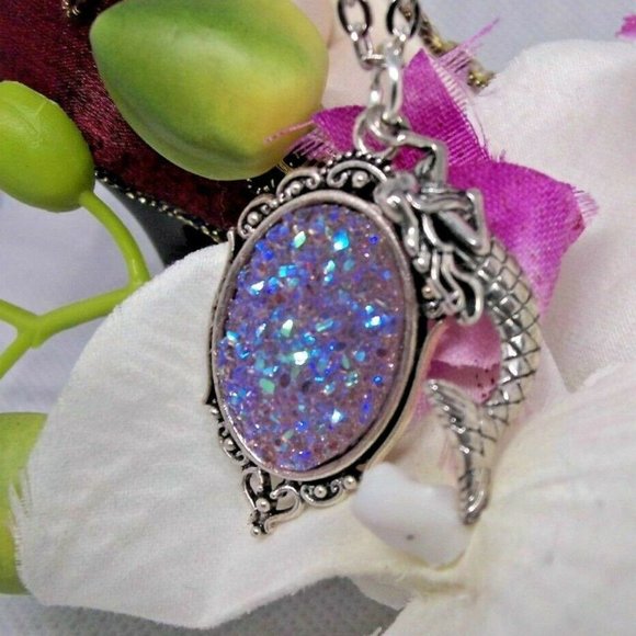 Mermaid Silver Necklace Purple Druzy Cameo Charm - Picture 5 of 7